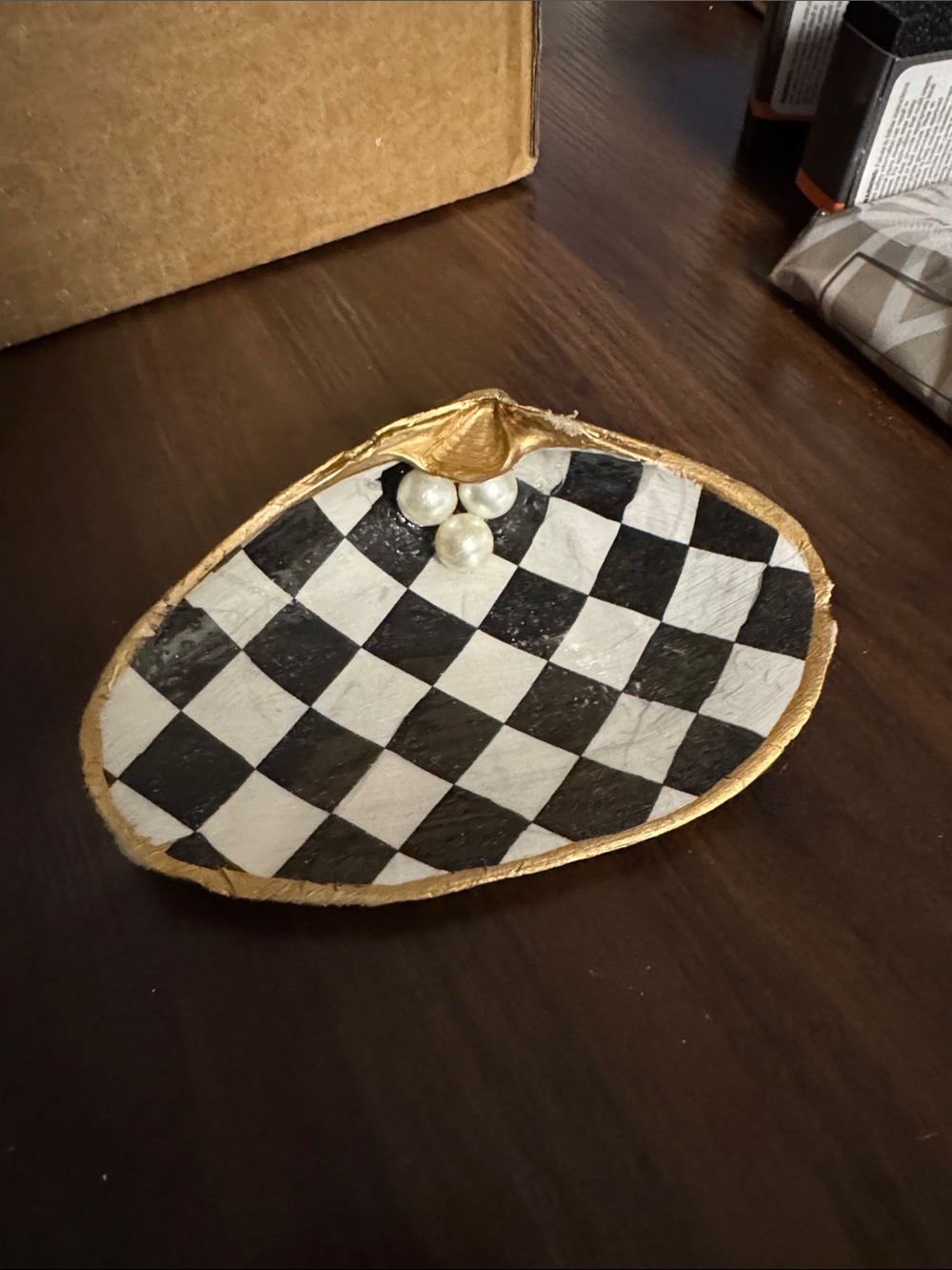 Checkerboard Decorative Trinket Dish in Black, White & Gold